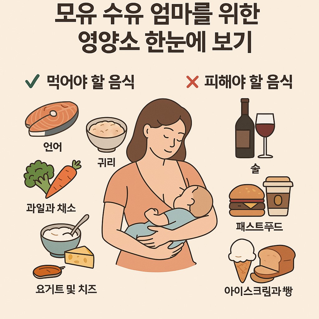 모유 수유 중 먹어야 할 음식과 피해야 할 음식을 한눈에 비교한 인포그래픽