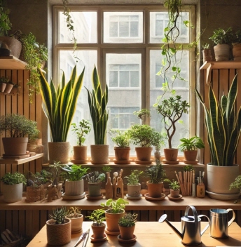 "몬스테라와 산세베리아 등 다양한 반려 식물이 놓인 자연광 가득한 실내 미니 정원"