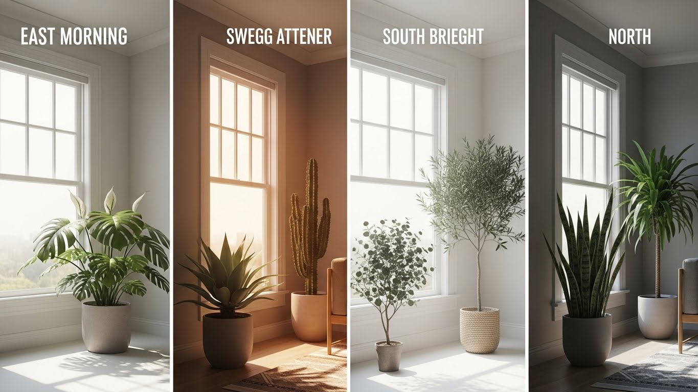 동·서·남·북 방향의 창문마다 서로 다른 종류의 실내 식물이 배치된 모던한 거실 인테리어. 창 방향에 따라 빛의 강도와 분위기가 달라지는 모습이 표현된 장면.