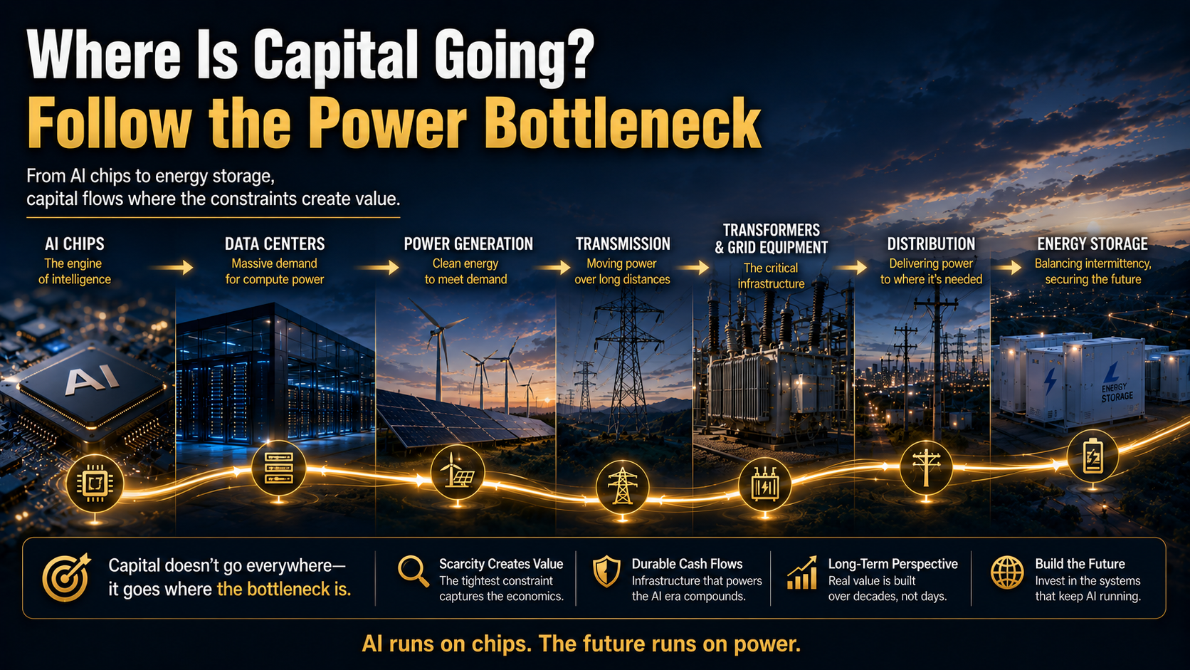Capital flowing from AI chips and data centers into power generation, transmission, transformers, distribution, and energy storage