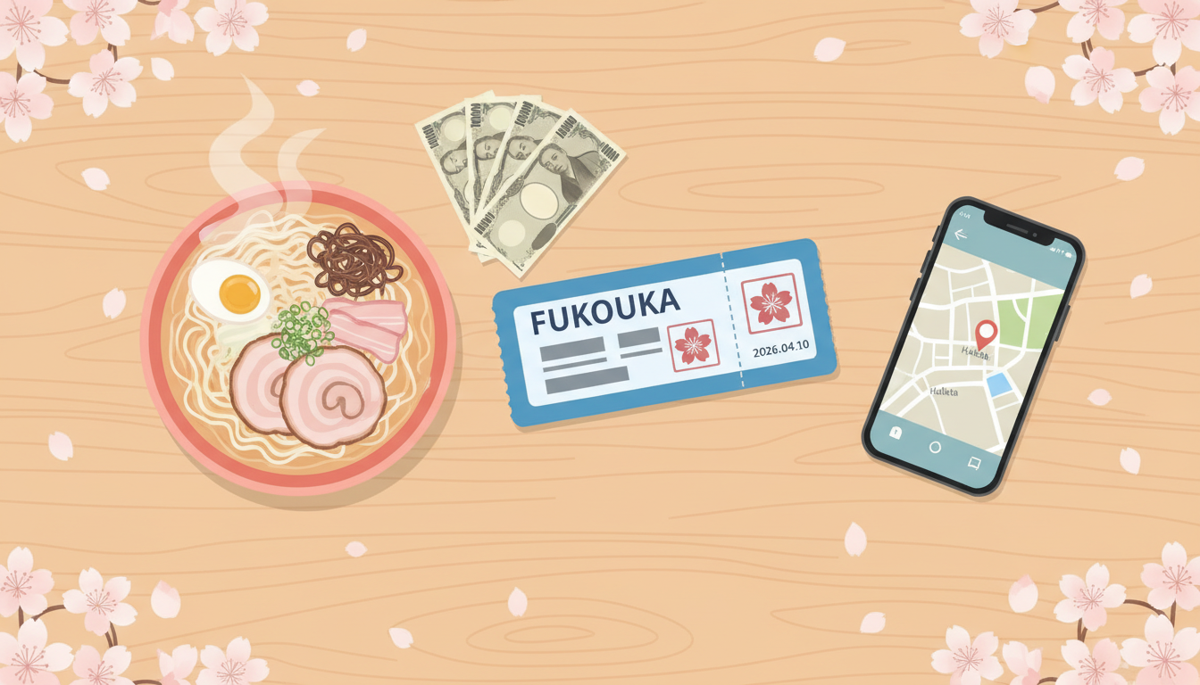 2026년 후쿠오카 여행 준비물과 라멘, 엔화 지폐, 지도 등이 놓여 있는 감성적인 일러스트