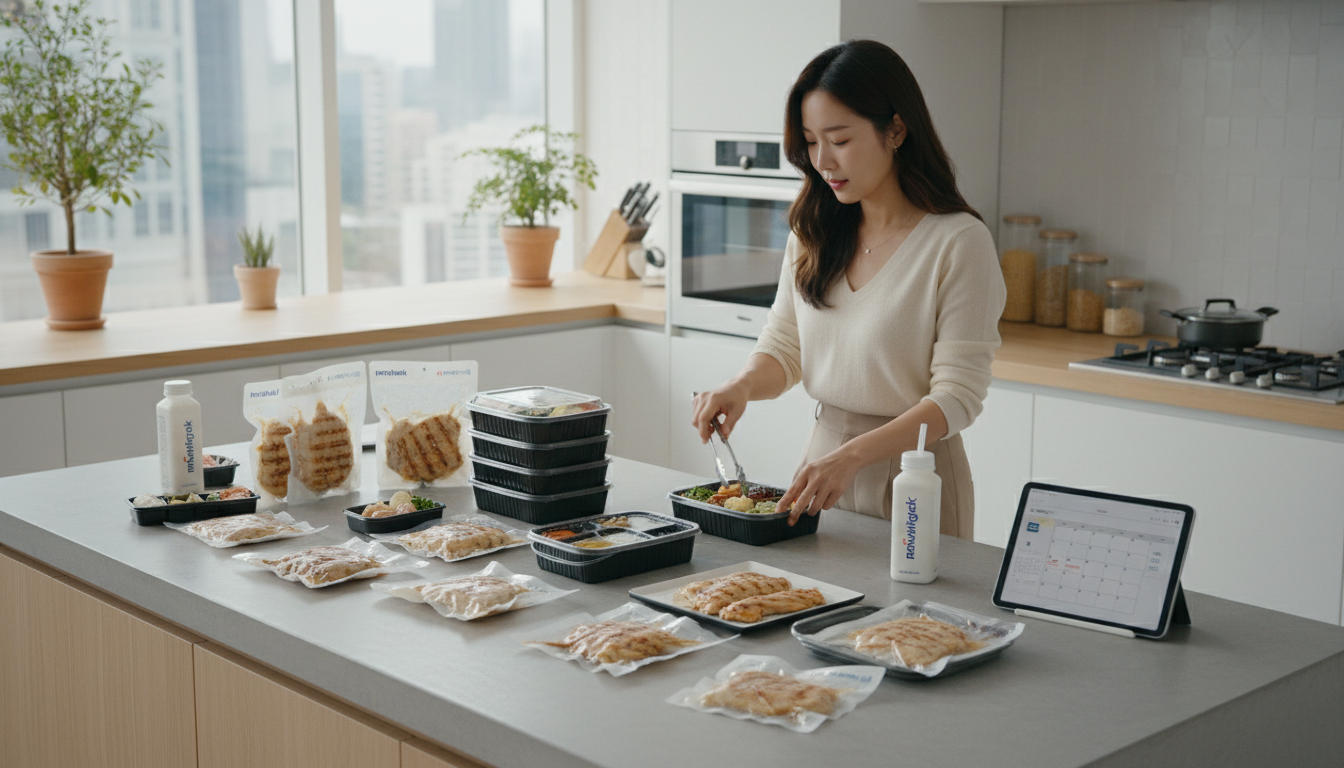 바쁜 직장인이 랭킹닭컴 고단백 제품으로 간편하게 도시락을 준비하는 모습.