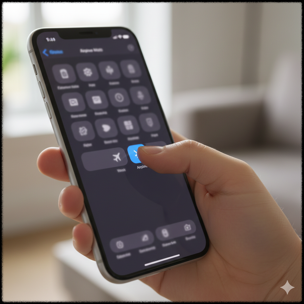 스마트폰에서 비행기 모드를 켜는 모습