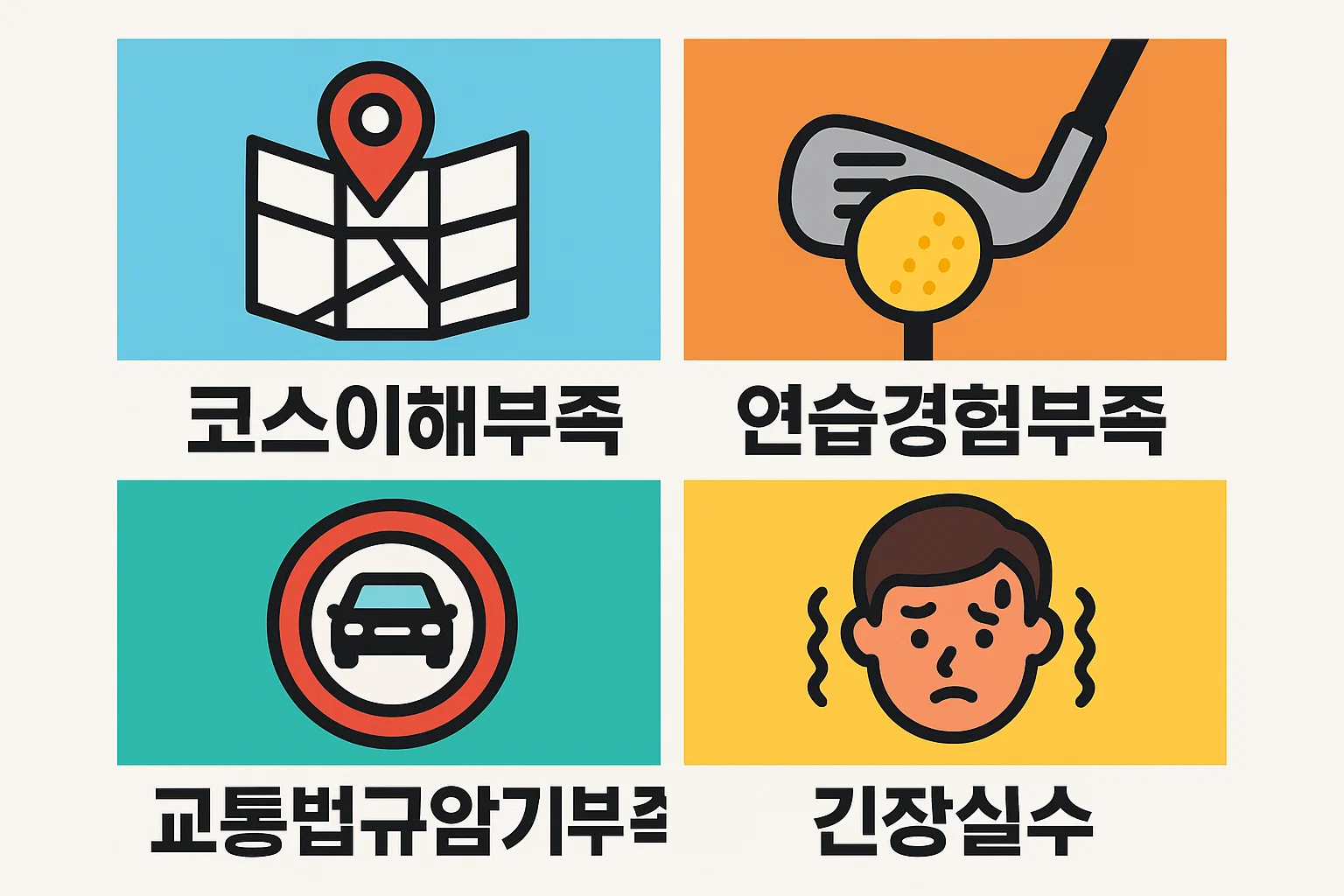 운전면허시험에서 합격률이 낮은 이유로 코스 이해 부족, 연습 경험 부족, 교통법규 암기 부족, 긴장으로 인한 실수를 설명한 인포그래픽