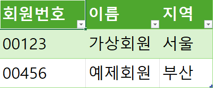 같은 CSV를 Excel Power Query에서 UTF-8과 텍스트 형식으로 불러와 한글과 00123, 00456을 유지한 실제 표