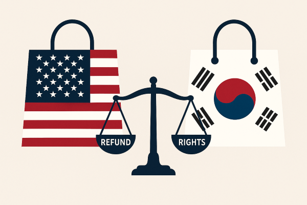 미국과 한국 국기 모양의 쇼핑백이 나란히 배치된 소비자 보호법 비교 일러스트, 각국의 소비 문화 차이를 상징적으로 표현