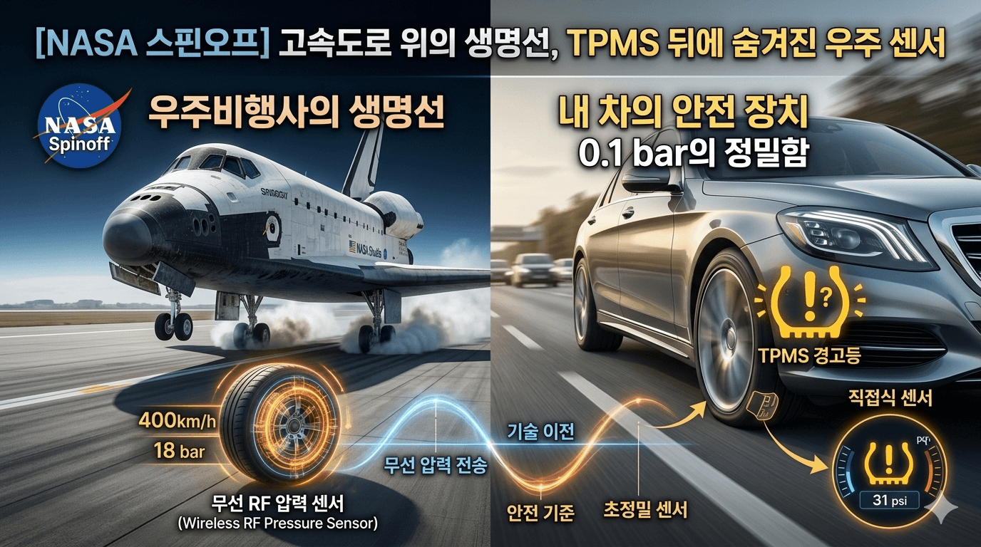 "나사 스페이스 셔틀 착륙 및 자동차 TPMS 센서 대비 이미지"
