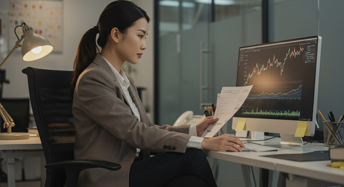 한여성이 주식모니터를 보면서 서류를 검토하고 있다