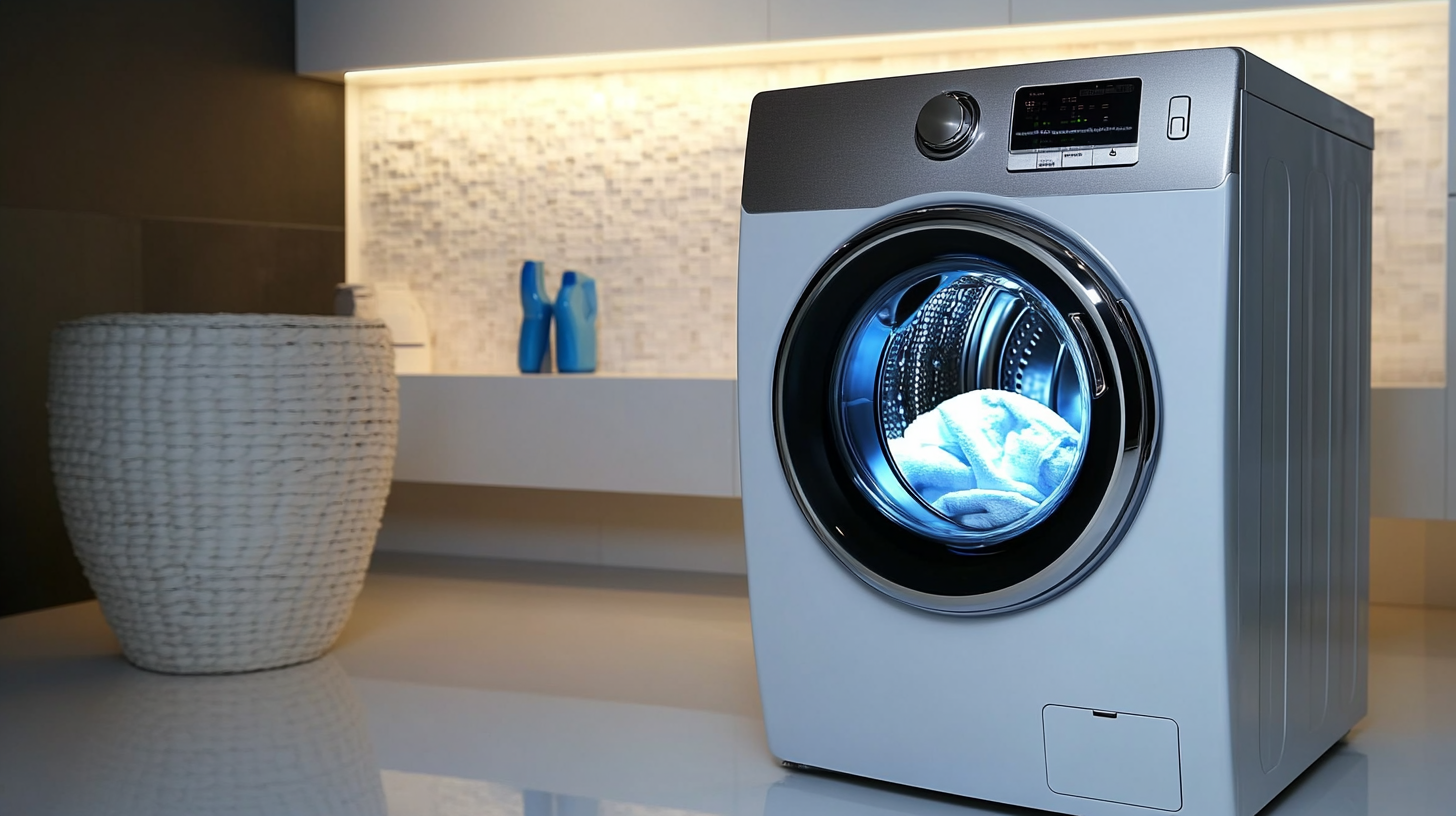 모던한 세탁실에 설치된 삼성 WD25DB8695BC 세탁기로 세련된 인테리어와 깔끔함을 강조한 모습.
