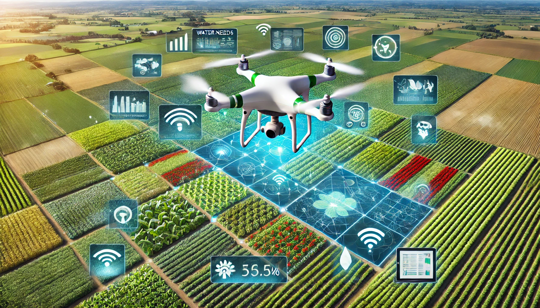 <드론>을 활용한 지역별 농업 최적화 기술을 보여주는 사진