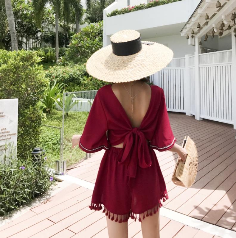 딥브이넥 백리본 태슬 비치 점프수트 반바지