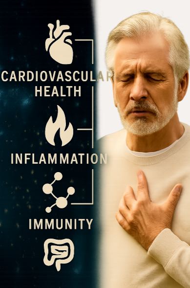 오른쪽에는 가슴을 짚으며 불편한 표정을 짓는 중년 남성이 등장하고, 왼쪽에는 심혈관 건강, 염증, 면역력을 상징하는 아이콘들이 세로로 연결되어 삼각 구조의 흐름을 시각적으로 표현하고 있음.
