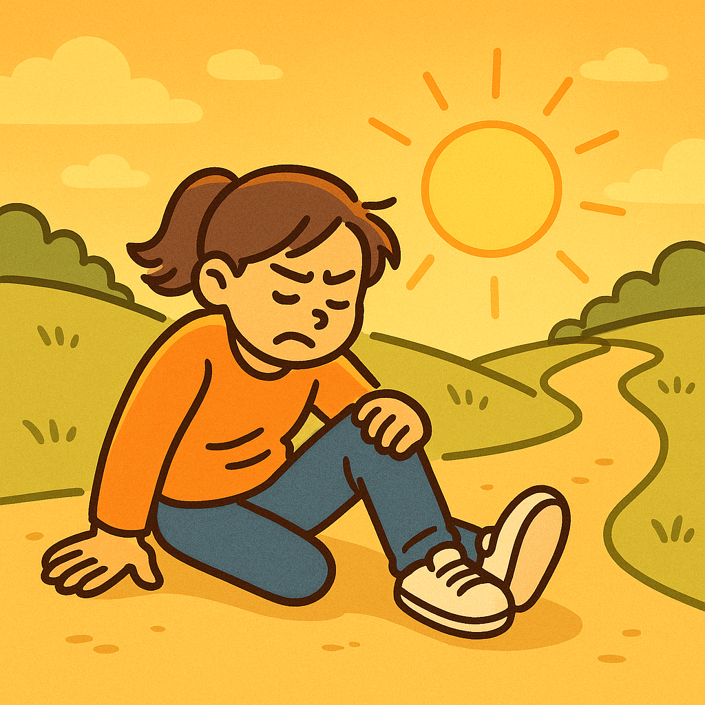 넘어져 아프지만 하던 걸 다시 시작하려는 마음을 먹는 모습