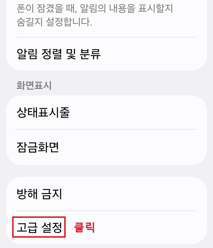 화면 하단에 고급 설정 메뉴 보임