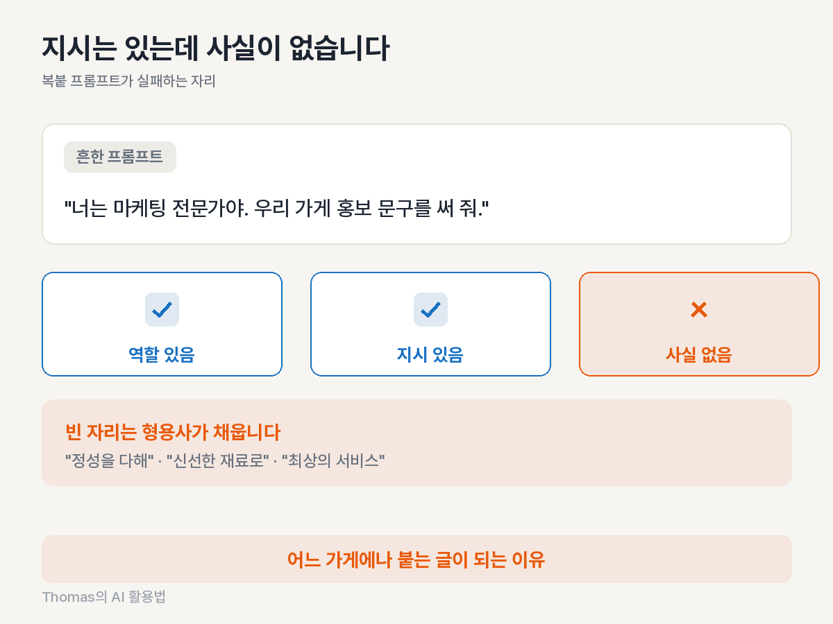 지시는 있고 사실이 없는 프롬프트의 문제