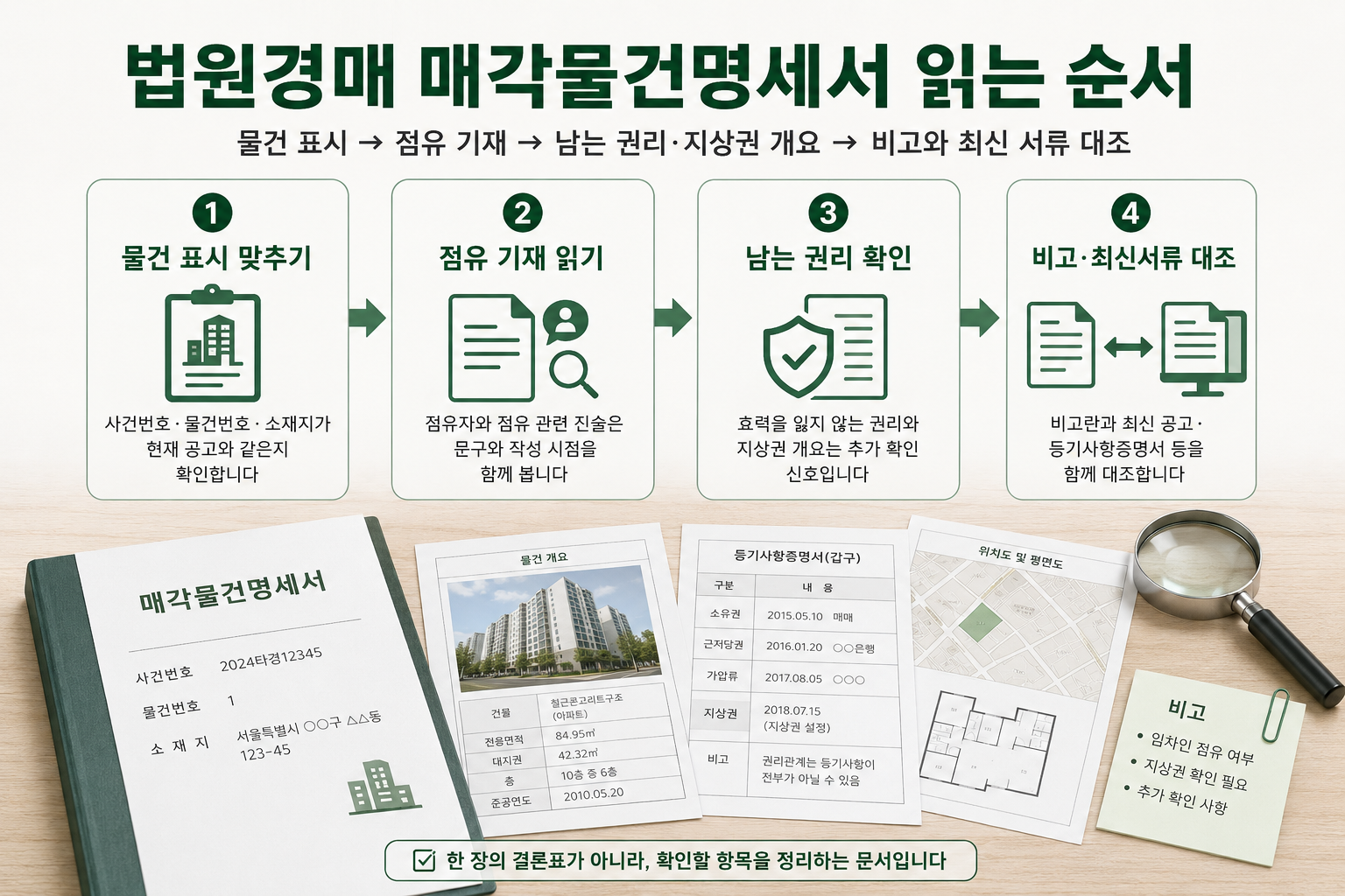 법원경매 매각물건명세서의 물건 표시, 점유 기재, 권리 확인, 최신 서류 대조 순서