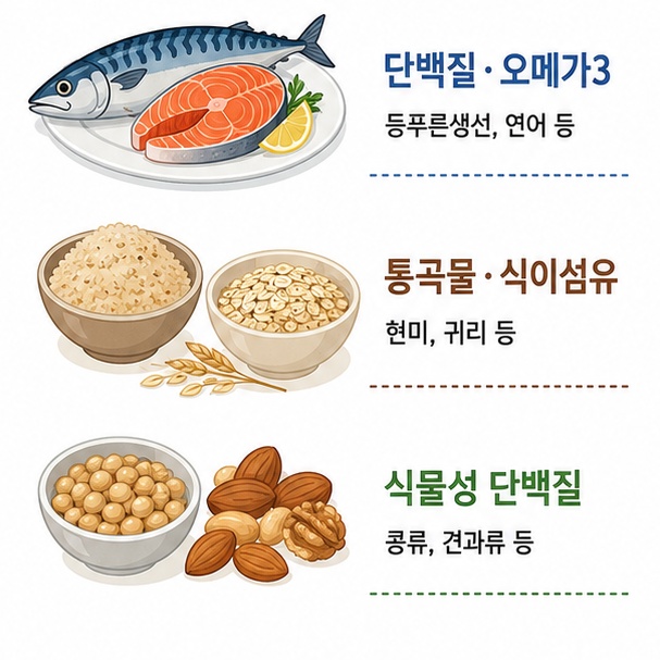 고등어와 연어, 현미와 귀리, 콩과 견과류를 이용해 단백질과 오메가3, 통곡물과 식이섬유 섭취를 안내한 이미지