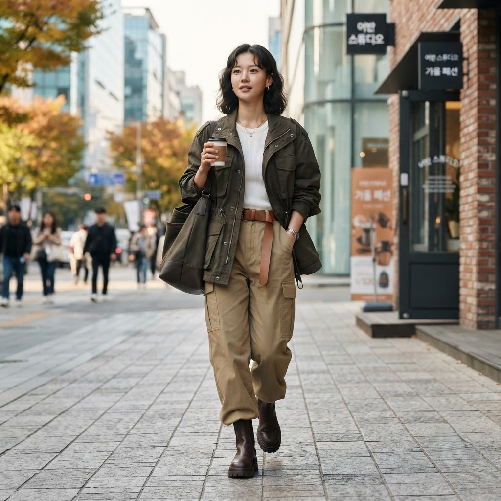 2026 런웨이 스타일의 워크웨어/밀리터리 무드 카키 의상을 입은 여성 모델 이미지
내용: 2026년 패션쇼에서 계속 등장한 카키
실용주의 트렌드가 만든 이번 시즌 핵심 컬러