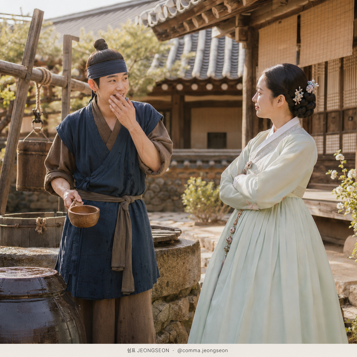 아침 햇살이 비치는 한옥 우물가에서 윤겸이 빈 바가지를 들고 입가의 물을 닦으며 만족스러워하고, 마님이 팔짱을 낀 채 어이없는 표정으로 바라보는 장면