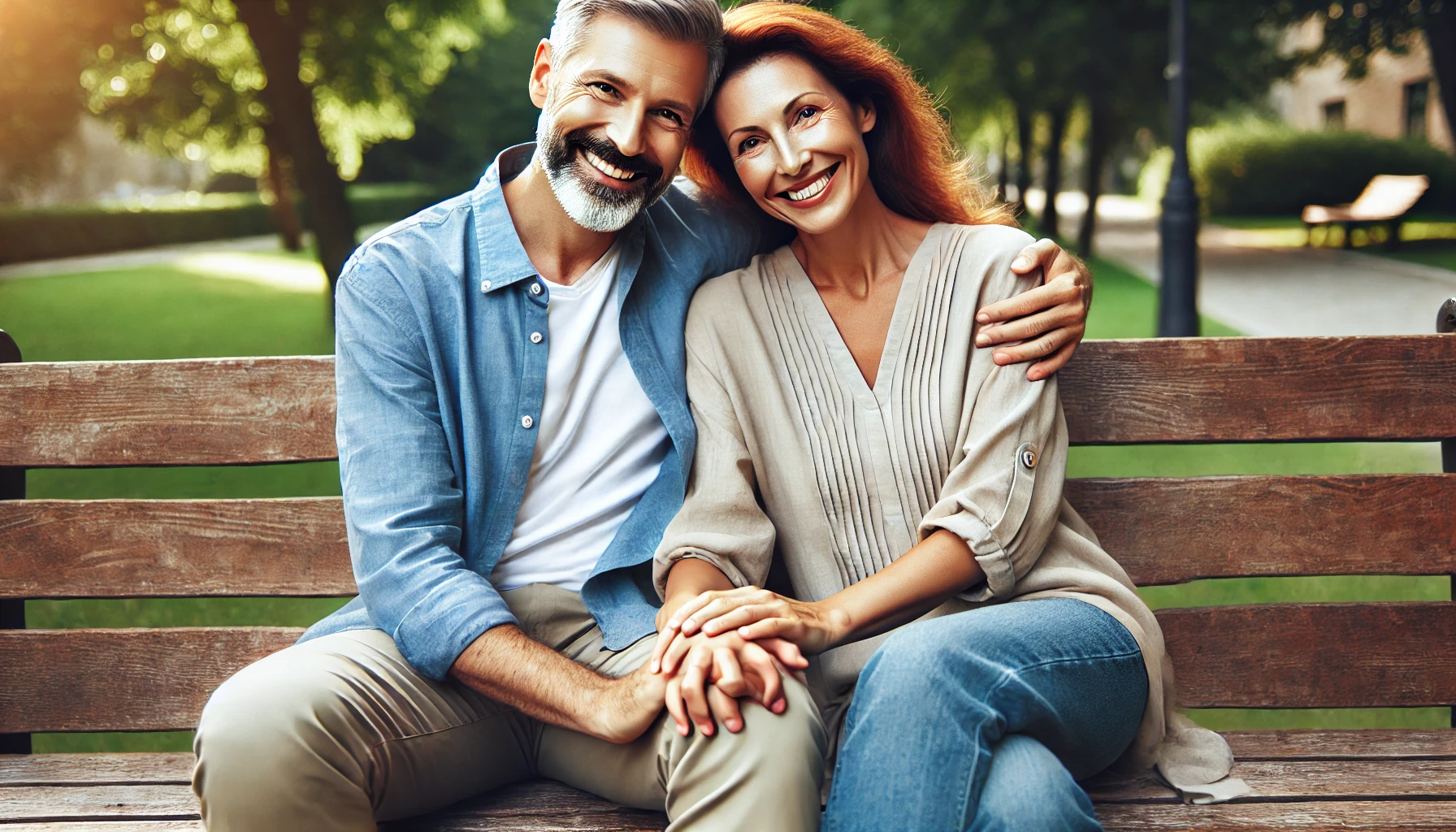 40대 남성과 여성이 공원 벤치에 함께 앉아 손을 잡고 미소 지으며, 사실혼 관계의 행복을 보여줍니다