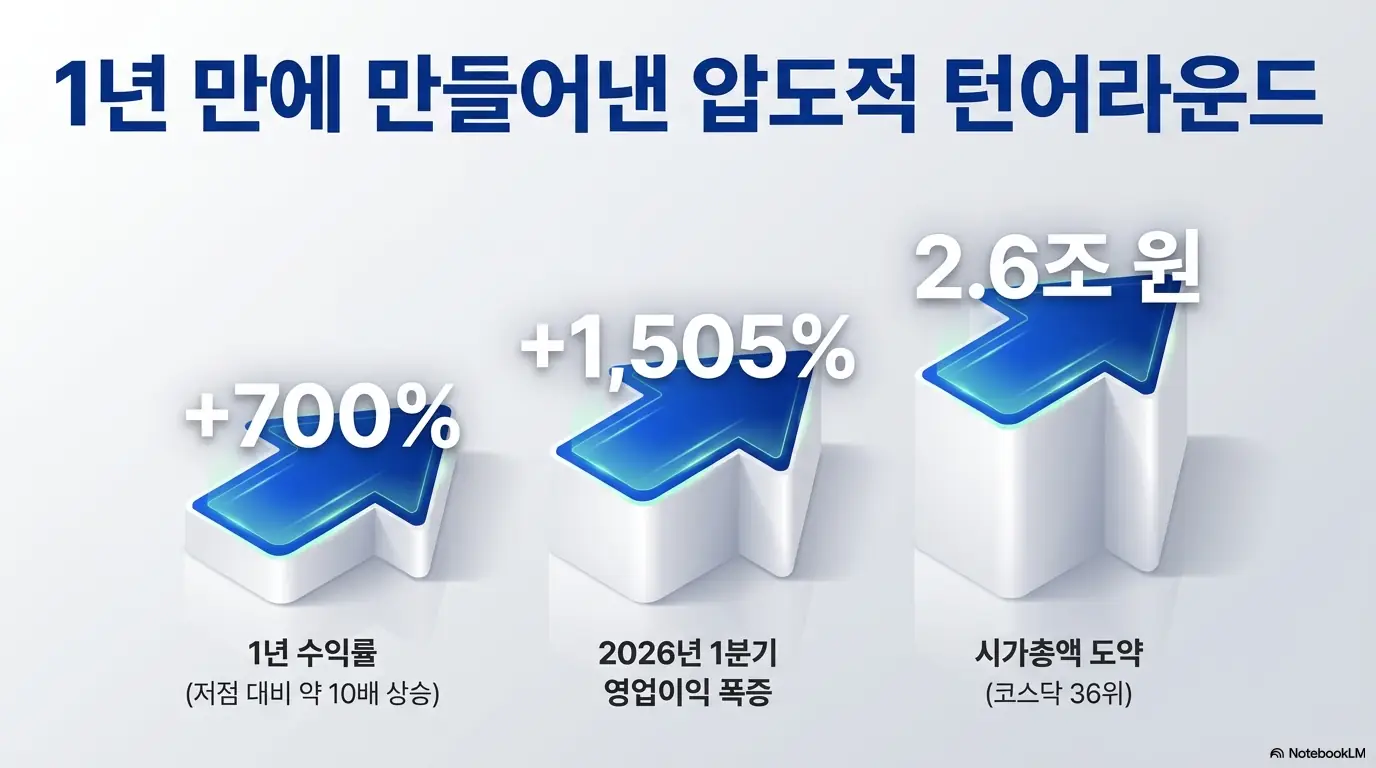 브이엠 주가 전망: 브이엠이 1년 만에 만들어낸 압도적 턴어라운드를 보여주는 그래픽. 1년 수익률 저점 대비 약 10배 상승, 2026년 1분기 영업이익 1505% 폭증, 시가총액 2조 6천억 원으로 코스닥 36위 도약이라는 세 가지 핵심 지표를 상승 화살표로 시각화해 브이엠 주가 전망의 출발점을 설명함.