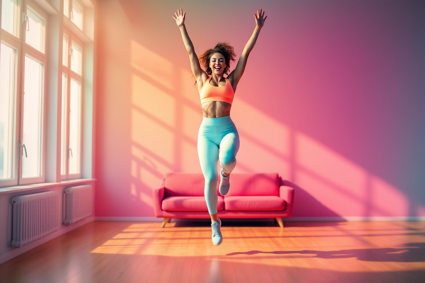 실내에서 점핑잭을 정확한 자세로 하고 있는 여성 이미지