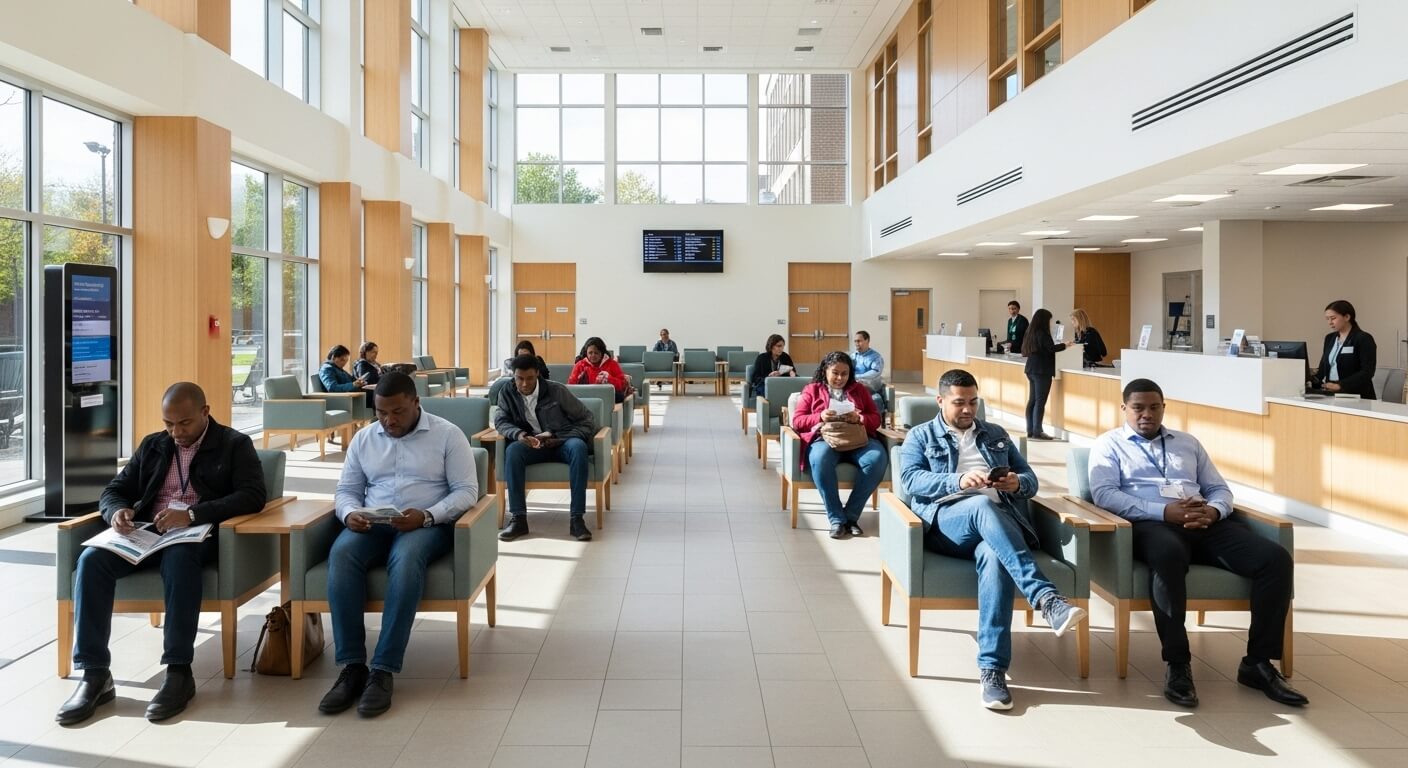 용센터 대기 구역에서 대기 중인 사람들