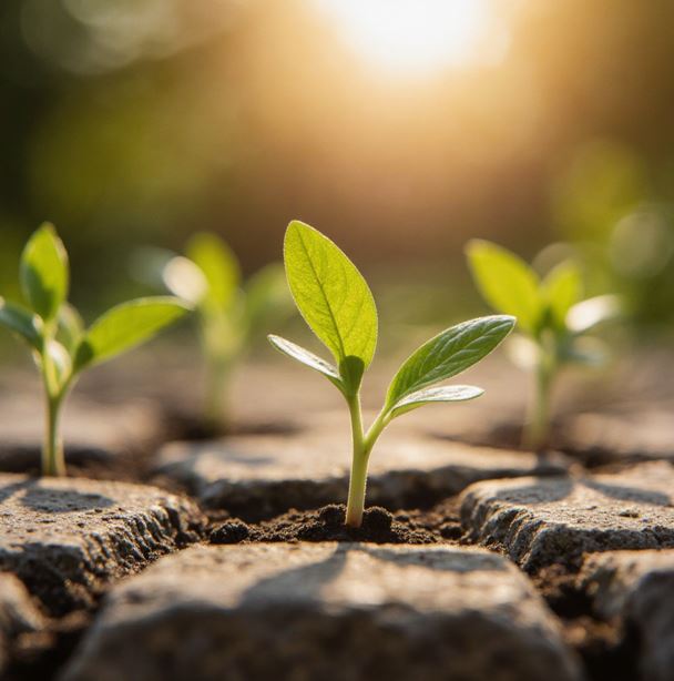 콘크리트 틈새에서 자라나는 작은 새싹의 모습으로 치유와 회복을 상징하는 모습
