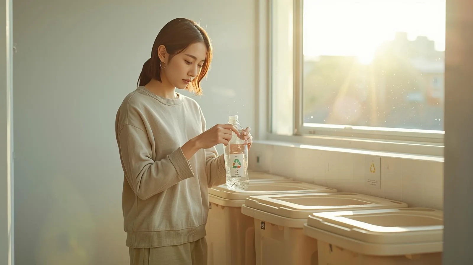 페트병의 라벨을 제거하며 분리수거를 하고 있는 1인 가구 여성의 모습