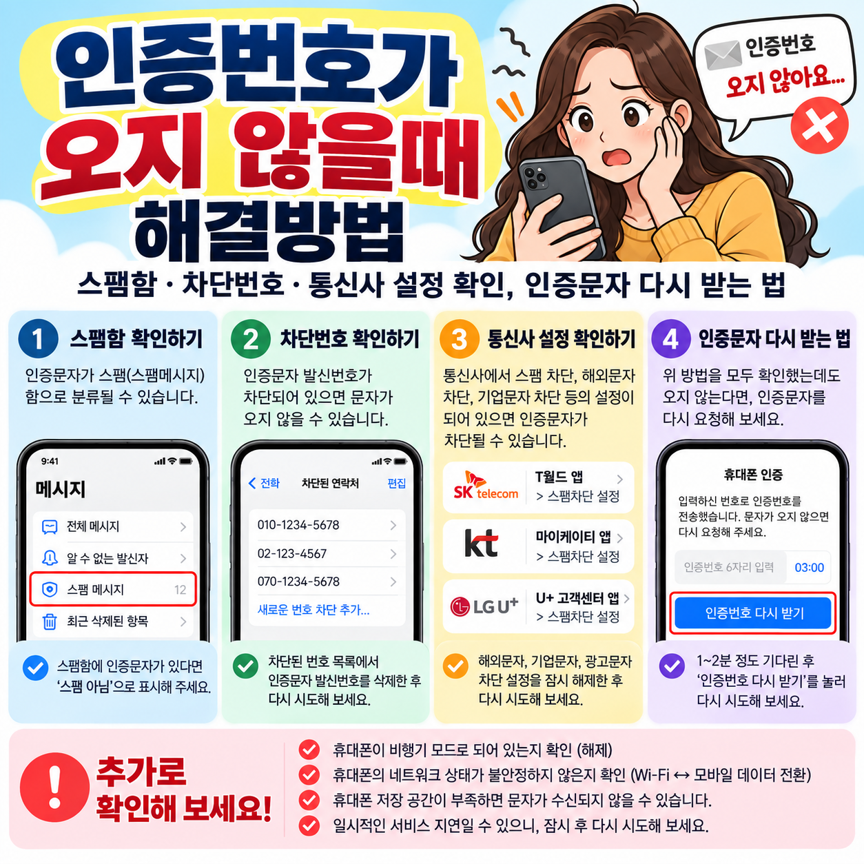 인증번호가 오지 않을때 해결방법 ❘ 스팸함·차단번호·통신사 설정 확인, 인증문자 다시 받는 법