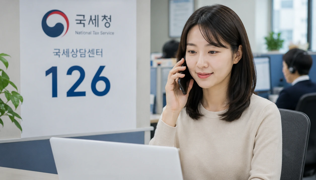 국세청 콜센터(126)에 전화하여 종합소득세 환급 문의를 하는 사람.