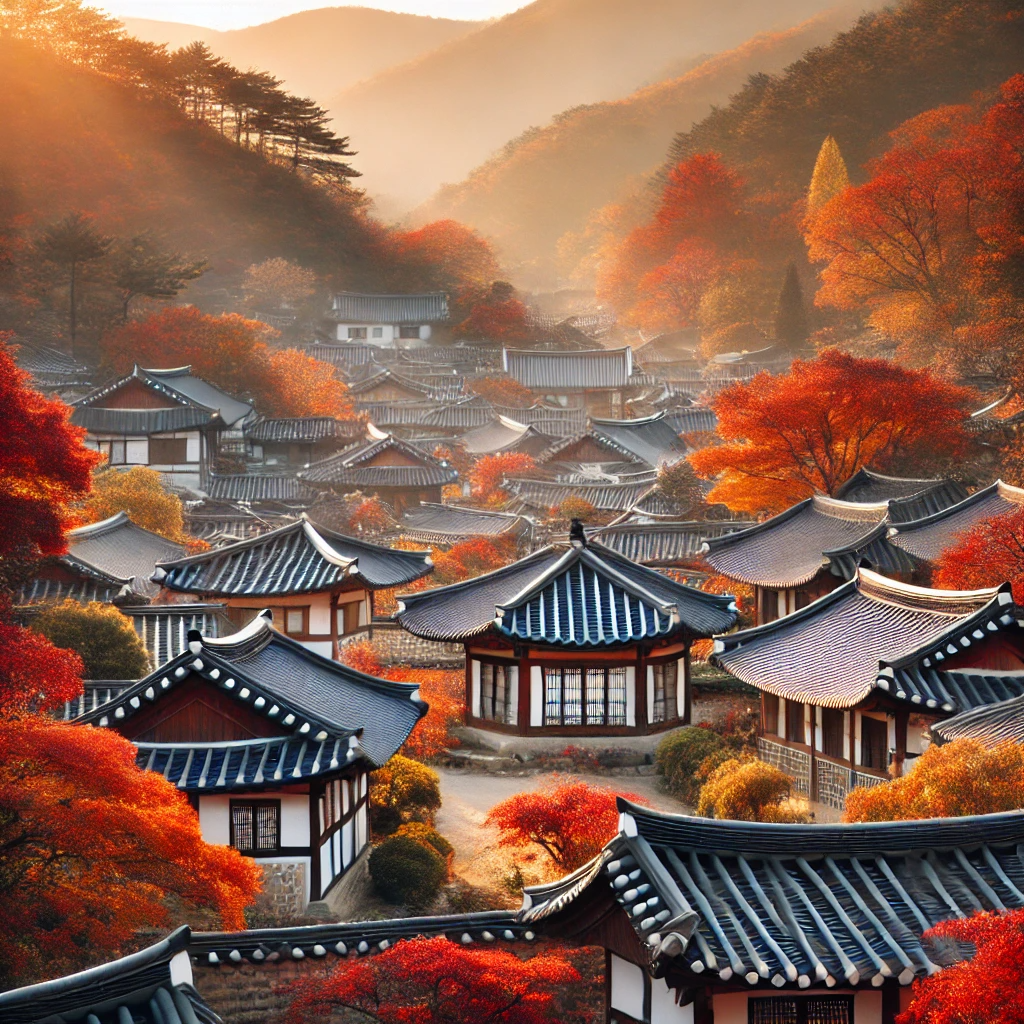 전주 한옥마을의 가을 전경&amp;#44; 알록달록한 단풍나무들 사이에 전통 한옥의 곡선 지붕이 빛을 받고 있다.