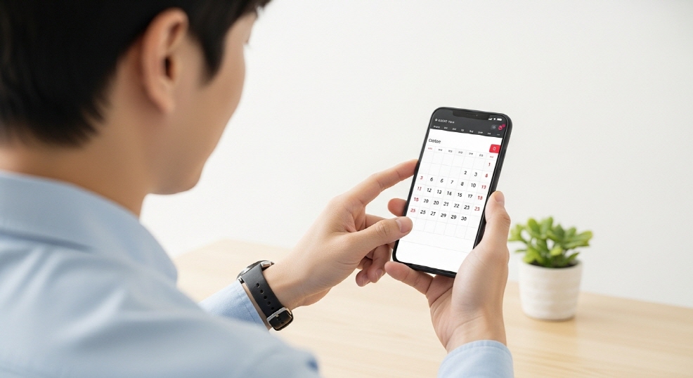 달력 앱을 확인하며 날짜를 체크하는 남성