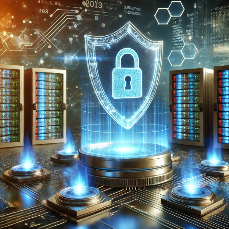 푸른 빛의 데이터 흐름과 보호를 의미하는 홀로그램 방패가 있는 디지털 이미지