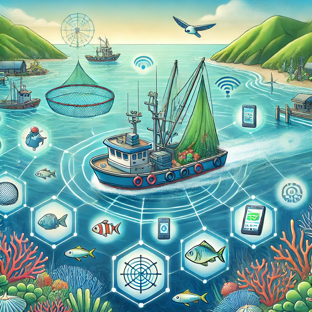 이 이미지는 어족 자원 고갈 방지를 위한 정책과 기술을 시각적으로 표현합니다. GPS 및 AI 시스템을 장착한 어선, 생분해성 어망, 그리고 저영향 장비들이 함께 구성되어 있으며, 주변에는 건강한 해양 환경과 보호 구역이 조화롭게 어우러져 있습니다. 다양한 어류와 산호가 포함된 이 장면은 지속 가능한 어업과 해양 자원 보호를 위한 노력의 중요성을 상징합니다.