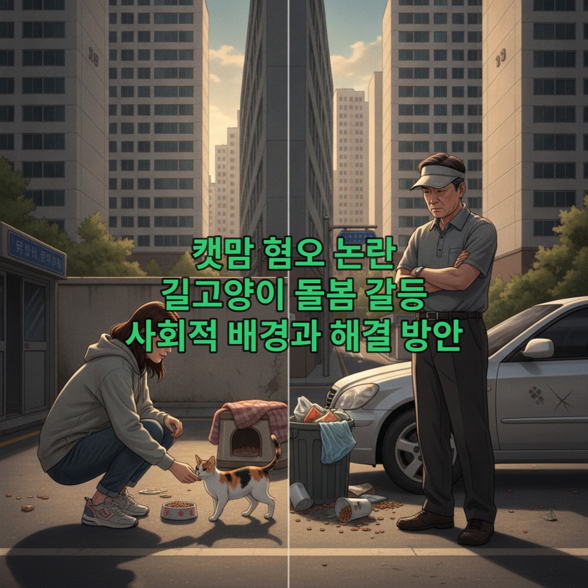 길고양이 급식과 관련하여 서로 다른 시선을 가진 한국인 주민과 캣맘, 그리고 그 사이에서 갈등을 겪는 길고양이들을 현대적인 한국 도시 풍경 속에서 묘사한 이미지