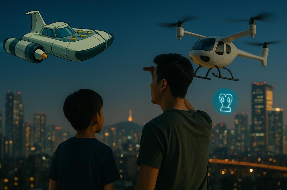 청년과 아이가 옥상에서 제비호와 드론을 바라보는 장면