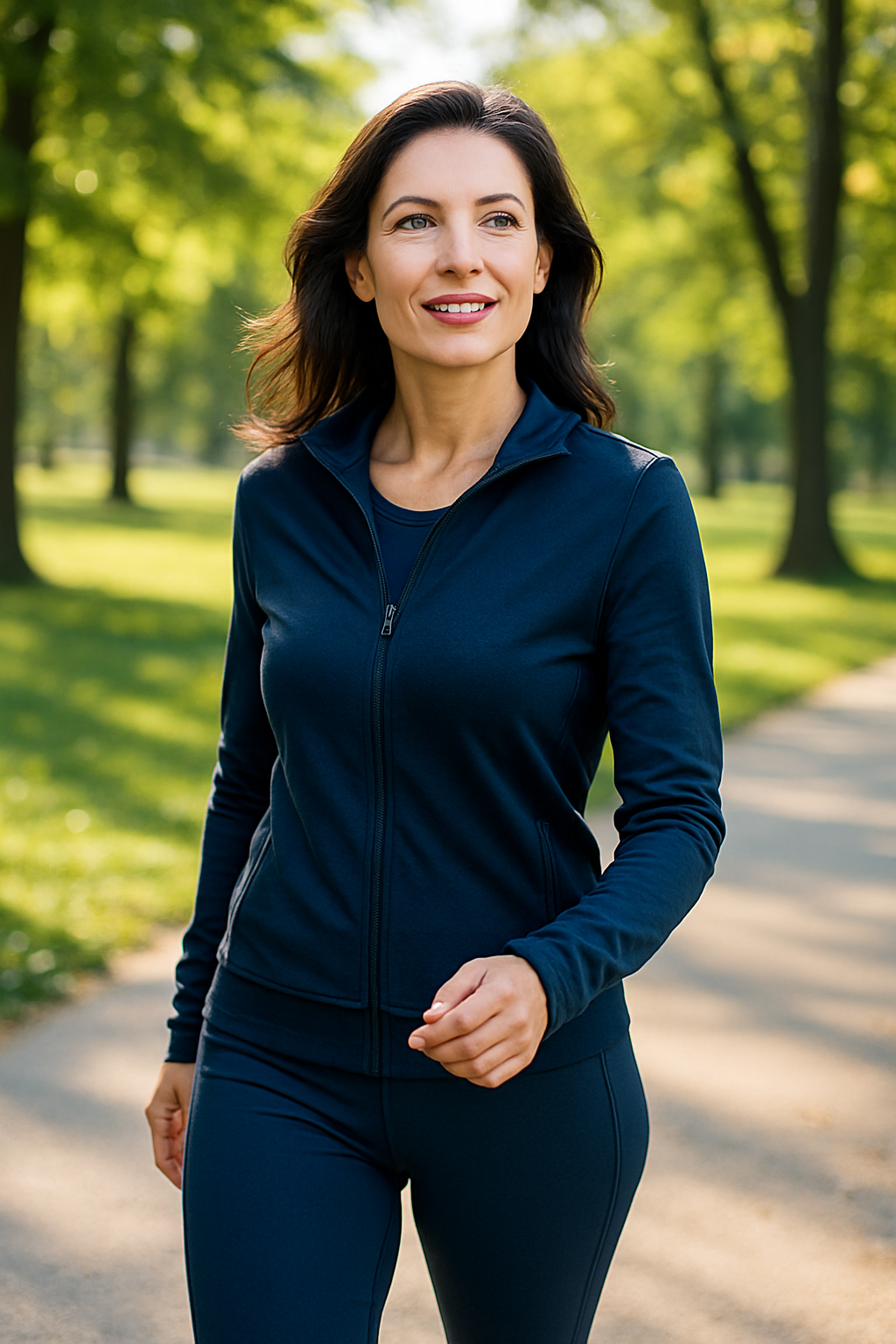 아침 햇살 속 공원을 걷는 중년 여성의 건강한 모습
