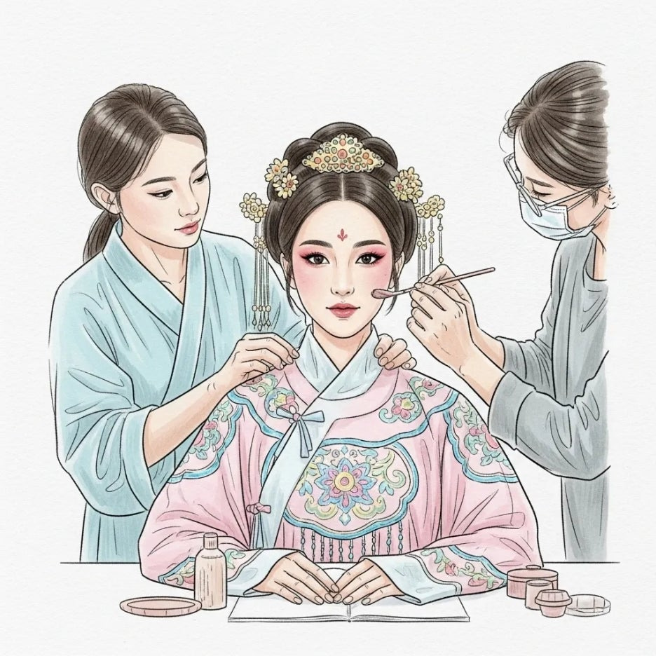 한푸를 입고 메이크업을 받는 여성의 모습