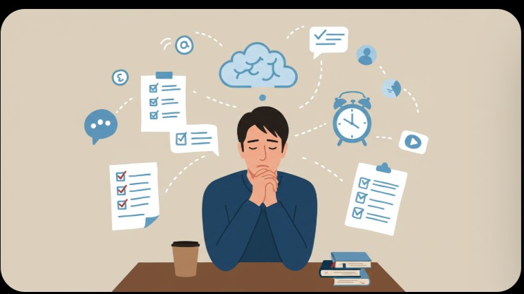 ADHD 증상으로 집중과 감정 조절에 어려움을 겪는 성인을 상징하는 일러스트