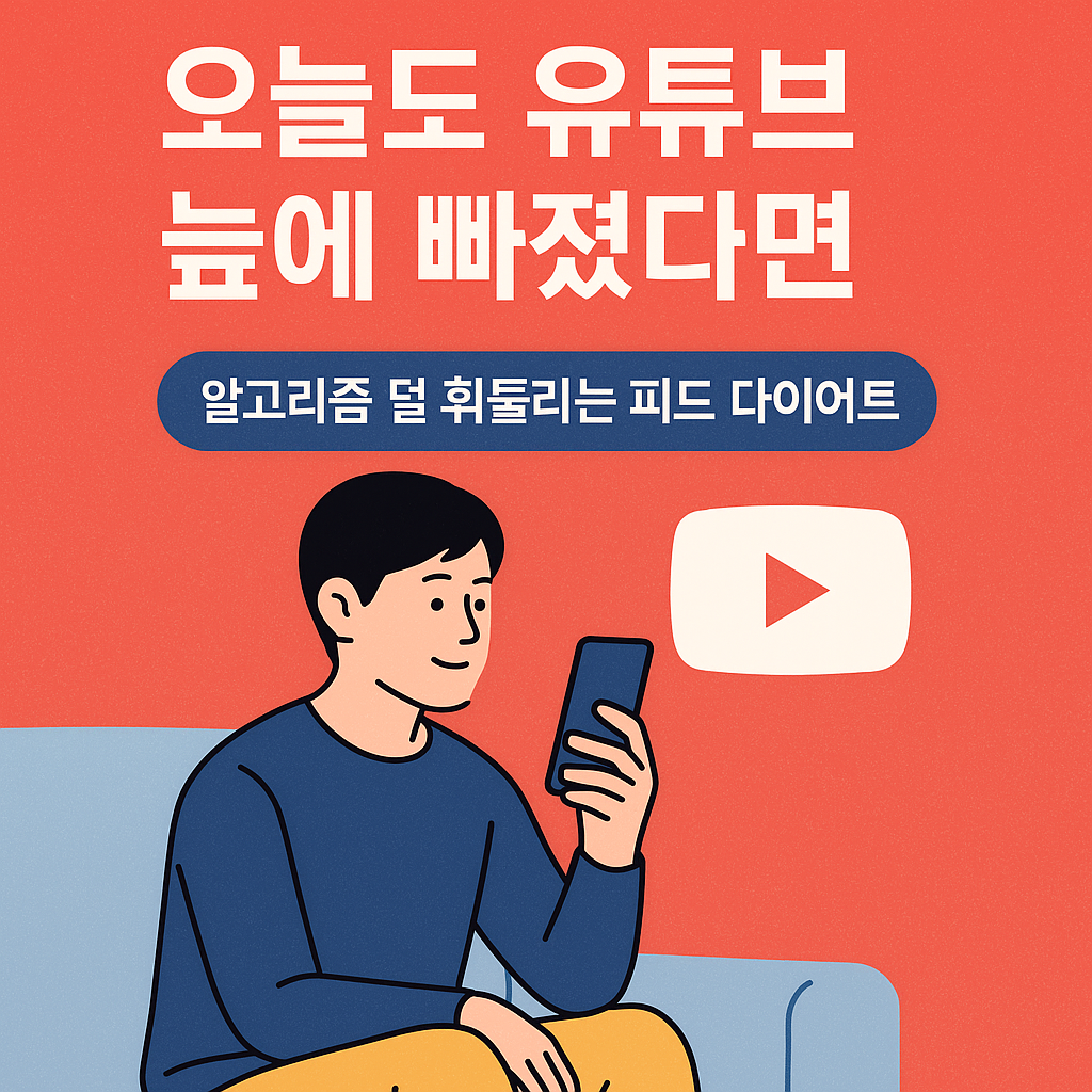 스마트폰으로 유튜브를 보는 사람과 ‘오늘도 유튜브 늪에 빠졌다면, 알고리즘 덜 휘둘리는 피드 다이어트’ 문구가 있는 일러스트