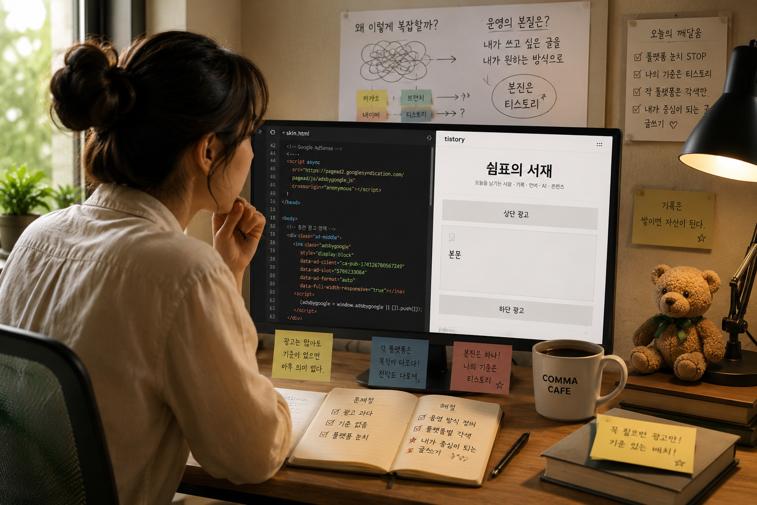 티스토리 스킨 코드와 광고 설정을 점검하는 블로그 운영자의 컴퓨터 화면