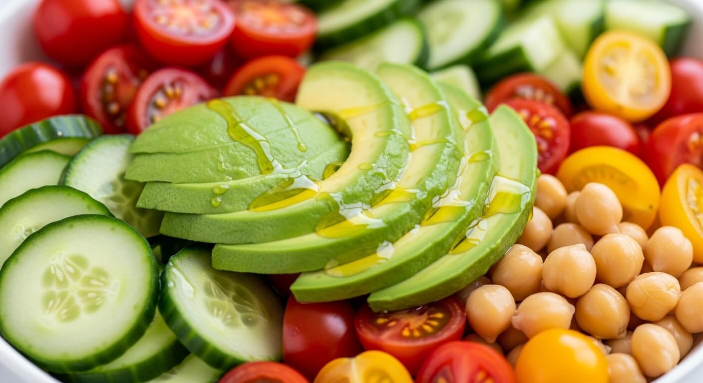 아포카토, 토마토,콩,오일,오이등