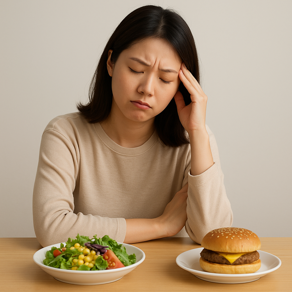 다이어트 중 햄버거와 샐러드 사이에서 고민하는 여성 사진