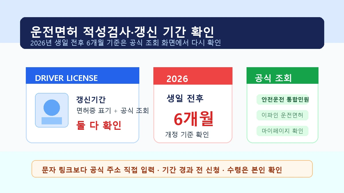 운전면허증 갱신 기간을 달력과 안전운전 통합민원 화면에서 확인하는 모습