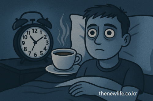 A cartoon man lying in bed with wide open eyes, unable to sleep, with a cup of coffee and alarm clock showing late night./잠을 자지 못하고 눈을 크게 뜨고 누워 있는 남성의 일러스트. 커피와 자명종이 함께 있는 모습으로 불면증을 상징함.