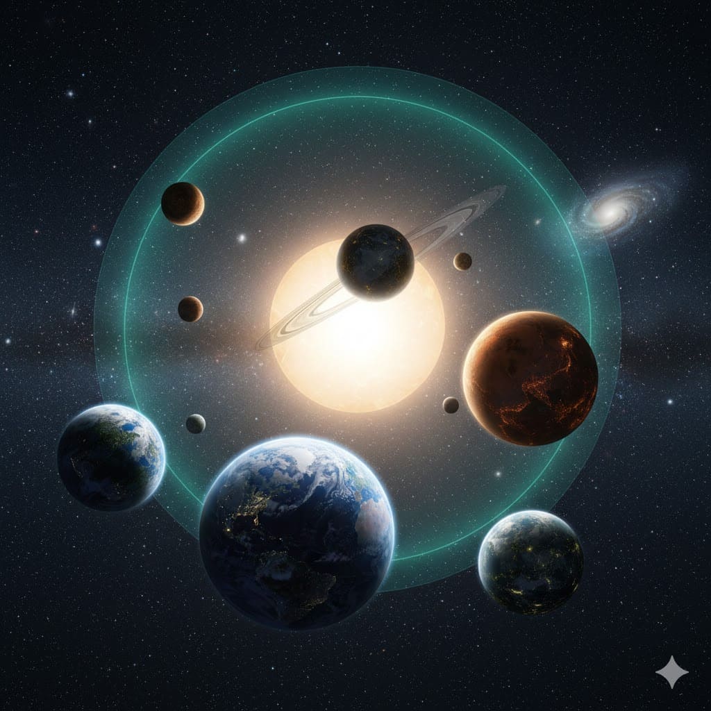 태양 주위의 골디락스 존(Goldilocks Zone) 내에 위치한 여러 행성들의 우주 배경 그래픽