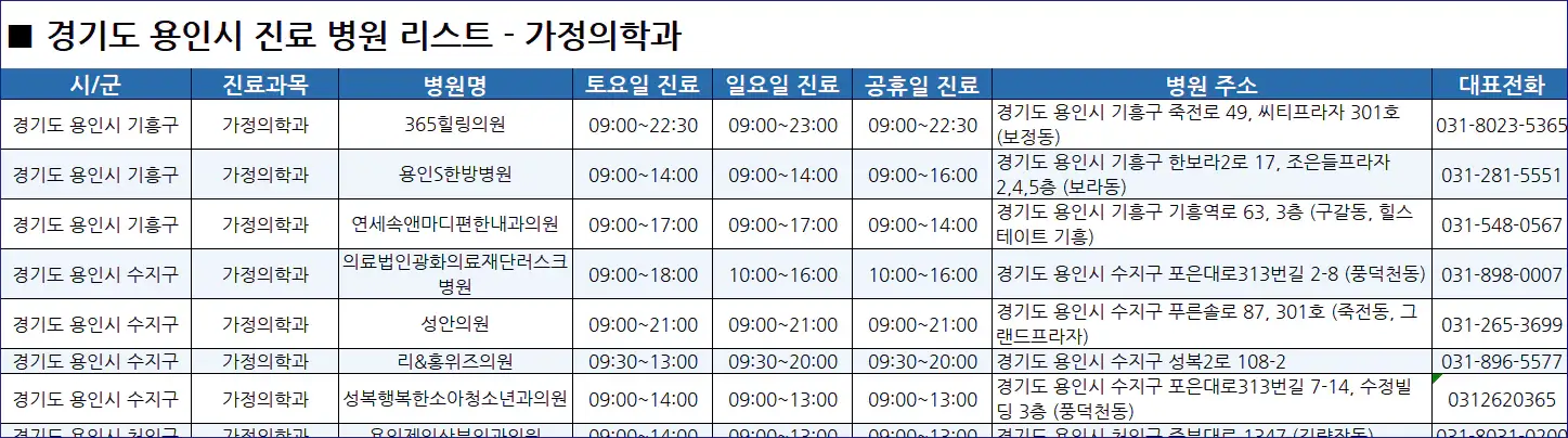 용인시-일요일-진료병원-리스트-예시