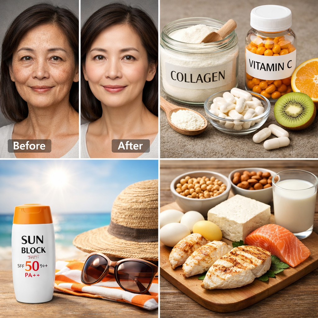 갱년기 이후 피부 변화와 콜라겐 관리를 위한 영양 섭취, 자외선 차단, 단백질 식단을 보여주는 이미지