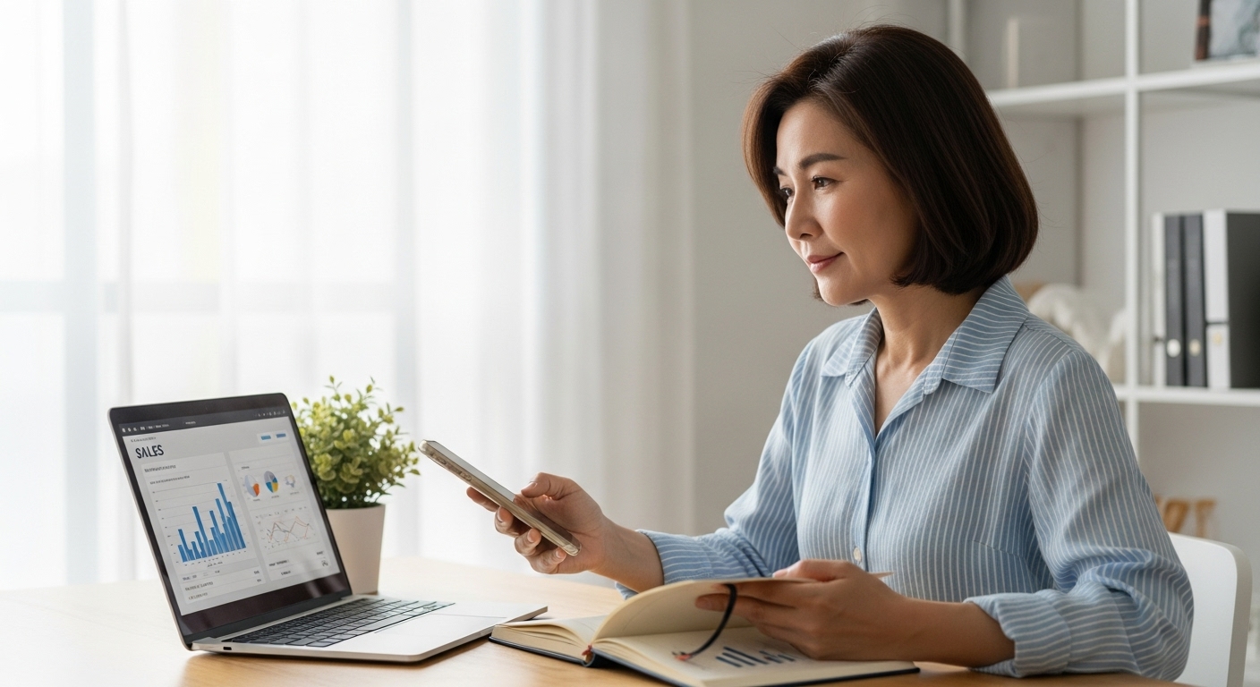 전자책 판매 전략을 계획하는 중년 여성